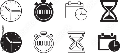 Time icon set featuring black silhouette and line art outline styles.