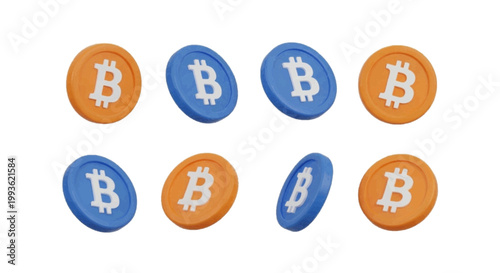 Vector illustration of 3d render of orange and blue bitcoin cryptocurrency coins on a transparent background