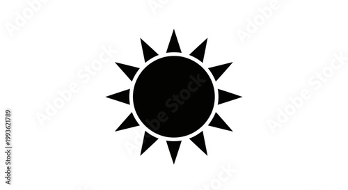 Simple black silhouette of a stylized sun with sharp rays against a clean white background representing heat energy and brightness in a minimalist graphic design