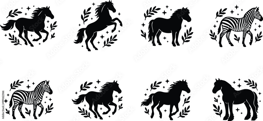 Fototapeta premium Black and white silhouette horses and zebras with decorative leaves and sparkles vector art