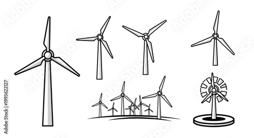 Collection of Wind Turbine Illustrations for Renewable Energy Concepts.