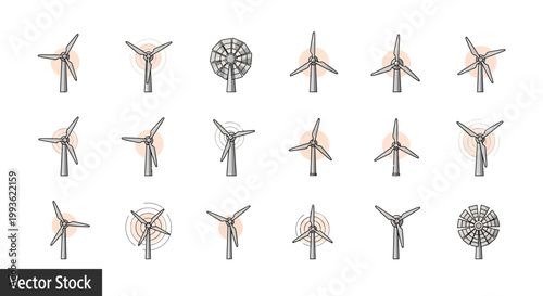 Collection of Wind Turbines in Various Designs and Angles.