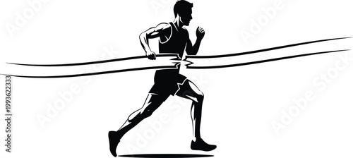 Male Athlete Silhouette Breaking Finish Line Tape Running Race Victory Champion Sprint Black Vector Illustration Isolated White Background