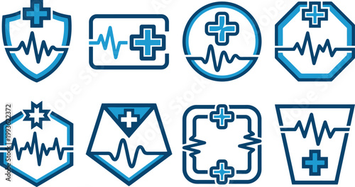 Acht verschiedene medizinische Logos mit blauem Kreuz und Herzschlaglinien in verschiedenen Formen, ideal für Gesundheitswesen und Notfalldienste.