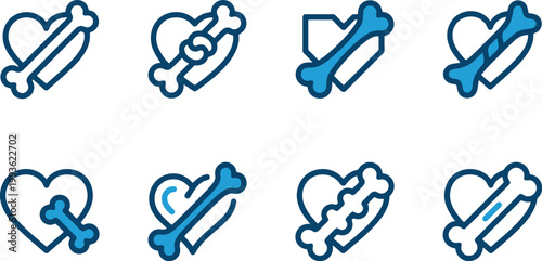 Acht verschiedene Icons, die ein Herz und einen Knochen in blauen und weißen Farben darstellen, ideal für Tiergesundheit, Haustierliebe oder medizinische Themen.