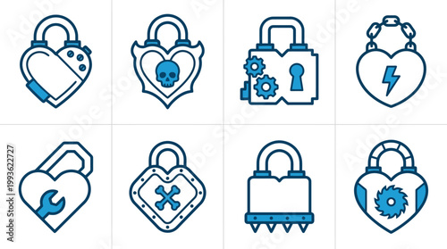 Vielfältige Icons von Vorhängeschlössern, darunter Herzschlösser mit Zahnrädern, Totenköpfen und Werkzeugen, in Blau und Schwarz.