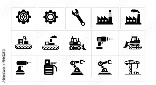 Industrial Icons Set Featuring Machinery and Manufacturing Elements.