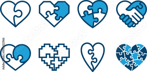 Heart puzzle icon set in blue color palette. Includes handshake, jigsaw pieces, and pixelated shapes. Flat vector design for relationship, teamwork, and healthcare concepts.