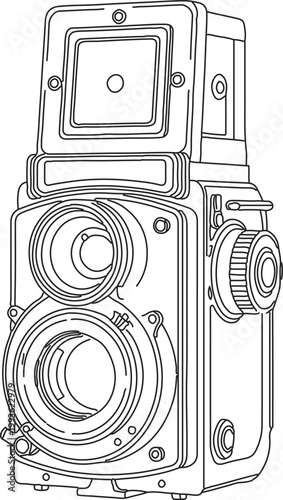 Vintage twin lens reflex camera illustration with medium format camera body lens cap focusing screen optical instrument