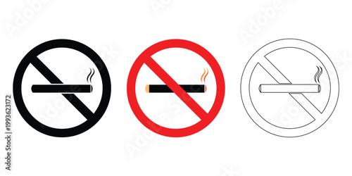 Three no smoking signs in black red outline versions with no entry prohibition cigarette restricted forbidden abstinence prevention negative antismoking no_entry