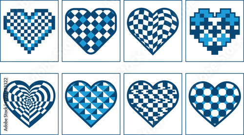 Eine Sammlung von acht Herzen mit vielfältigen blau-weißen Schachbrett- und geometrischen Mustern, einige pixelig, andere verzerrt.