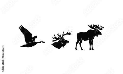 Silhouettes of Canadian animals goose elk moose vector illustration on white.