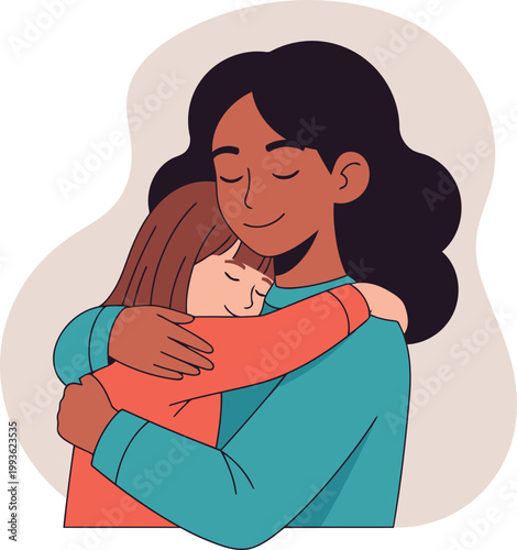 Mother and Child Hugging Vector Art - Scalable EPS Illustration of Diverse Family Love and Bonding