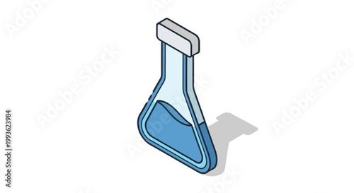 Isometric laboratory flask with blue liquid and shadow.