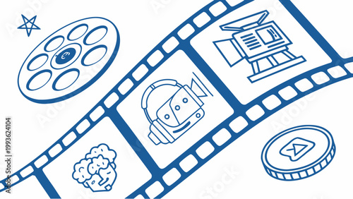 A blue vector graphic illustration of film and movie icons on a film strip