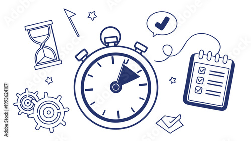 A vector graphic illustration of a stopwatch surrounded by time management icons