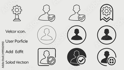 A set of vector icons depicting user profiles and editing symbols in a minimalist flat design style