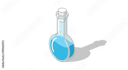 Isometric view of a clear glass flask with blue liquid.