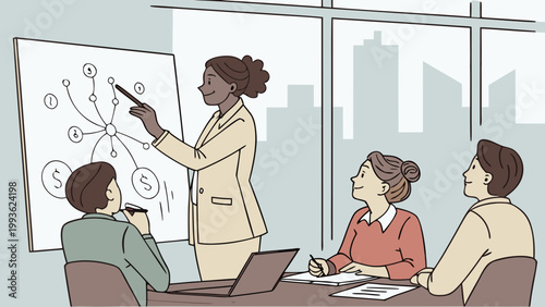 A businesswoman presenting a financial plan to her colleagues in a modern office setting