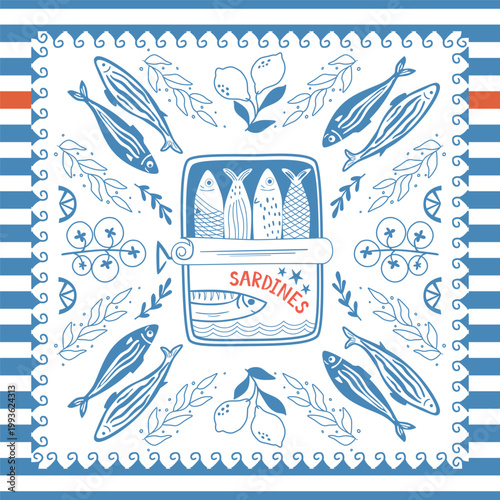 Blue Portuguese sardines tile, scarf, square seamless pattern with sea fish, stripes, lemon, tomatoes. Coastal geometric summer vacation print, nautical vector background, textile design, wallpaper