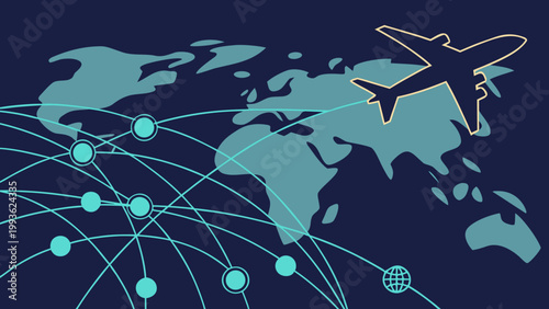 A vector graphic illustration of a plane flying over a world map with connecting lines and dots