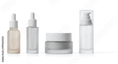 Four cosmetic bottles and a jar on white background