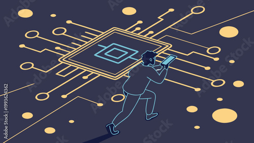 A minimalist vector illustration of a person carrying a large microchip with circuit board lines and dots on a dark blue background