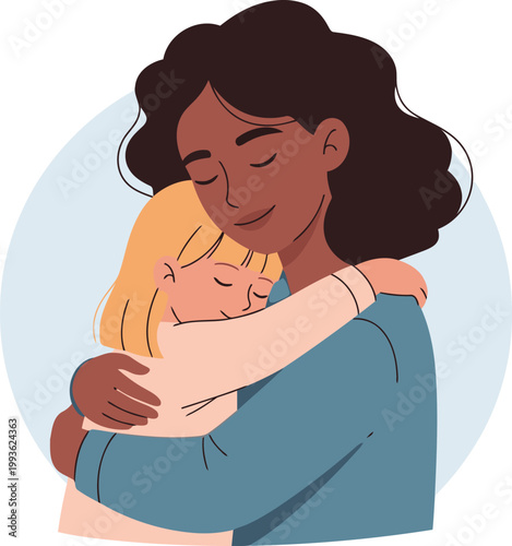 Diverse Family Vector Illustration: African American Mother Hugging Caucasian Daughter, Adoption Art