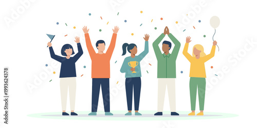 Group of diverse friends celebrating together with winner trophy and confetti.