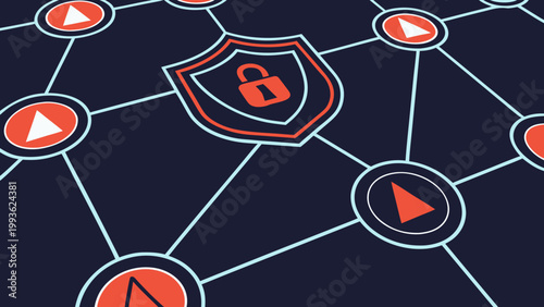 A vector graphic illustration of a network security concept with a shield and lock icon