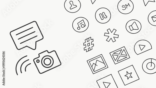 A minimalist vector graphic illustration of various social media and communication icons in a flat design style