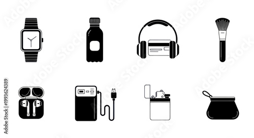 Modern Gadgets and Accessories Icons: Watch, Headphones, Power Bank, Makeup Brush