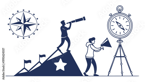 A vector graphic illustration of two people working together to achieve success with a compass and telescope