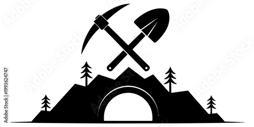 A black and white graphic design illustration showing a pickaxe and a shovel crossed over a mountain range with a tunnel portal. Vector, illustration