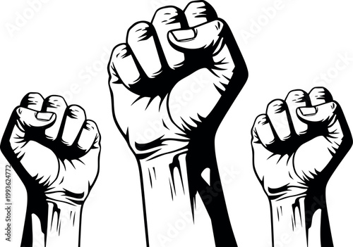 Three clenched fists raised in solidarity and protest black and white