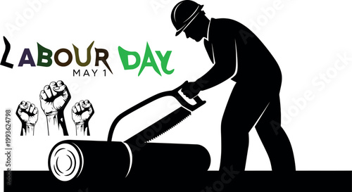 Labour day illustration depicting a worker with tools and raised fists