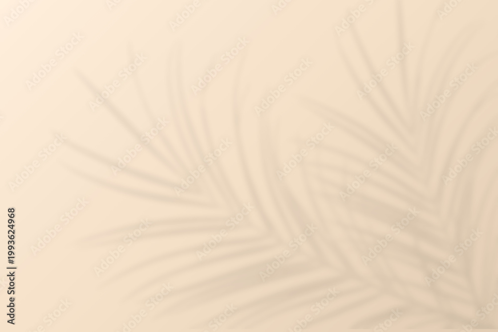Obraz premium Blurred beautiful foliage tropical palm leaves shadow on beige wall background, Natural coconut leaf shadow overlay on sand color as summer backdrop, beauty, cosmetic, skincare, product presentation