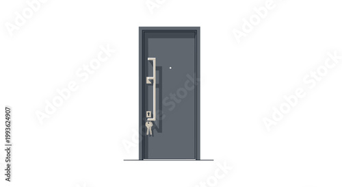 A sleek charcoal grey modern apartment door features a long vertical brushed metal handle and a set of silver keys at a residential entrance in soft light.