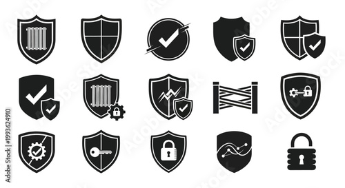 Collection of black shield icons representing security and protection silhouette