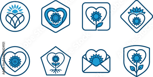 Acht verschiedene Logos mit Herz- und Sonnenblumenmotiven in blauen Linien auf weißem Hintergrund, umgeben von geometrischen Formen wie Kreisen, Quadraten und Schildern.