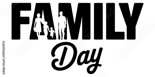 A stylized graphic design featuring the word family with silhouettes of a mother father and two children inside the bold text. Vector, illustration
