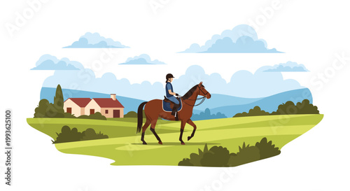 An equestrian rider in a blue shirt and helmet guides a brown horse through a lush green meadow near small houses under a soft blue cloudy sky.
