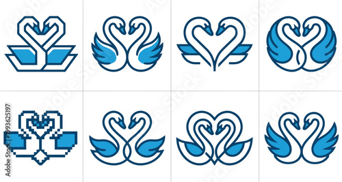 Acht verschiedene blaue und weiße Logos mit zwei Schwänen, die ein Herz bilden, in verschiedenen Stilen, darunter Pixelkunst und Linienzeichnungen.