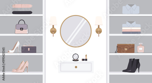 A meticulously organized walk-in closet features symmetrical grey shelves filled with designer shoes, handbags, folded shirts, and a central vanity mirror.