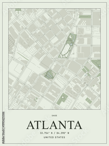Minimalist map poster of atlanta united states with sage green color palette and geographic coordinates