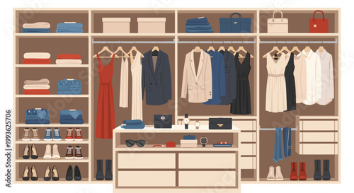An expansive wooden walk-in wardrobe is packed with various garments including dresses, jackets, shirts, and multiple rows of neatly arranged footwear.