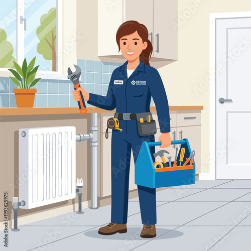 Woman Plumber In Kitchen In Garden With Plant