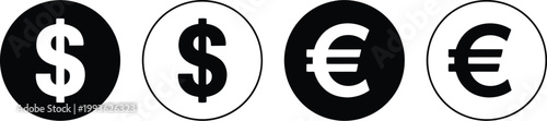 Currency icon set, dollar euro vector symbols representing internet money bank wallet payment earnings and financial transaction concepts.
