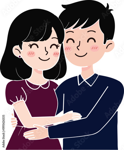 A cheerful young couple embracing with rosy cheeks and gentle smiles