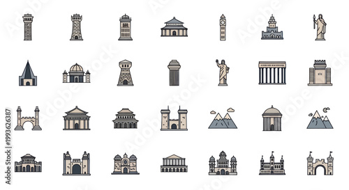 Pixel Art Icons: Famous Landmarks and Architecture Collection